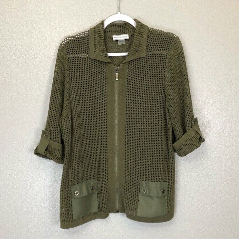 Allison Daley Size Large Hollow Knit 3/4 Sleeves Zip Up Cardigan Sweater Top